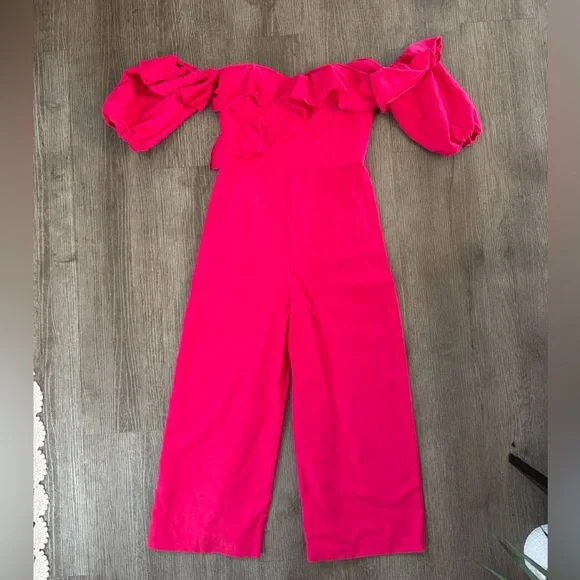Hot Pink Off Shoulder Jumpsuit Ruffle Wide Leg Chic , crop - Picture 2 of 11